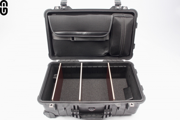 Studio Case including pimpOrganizer (pimpDivider partition system and Notebook lid divider) installed in Peli 1510 Case